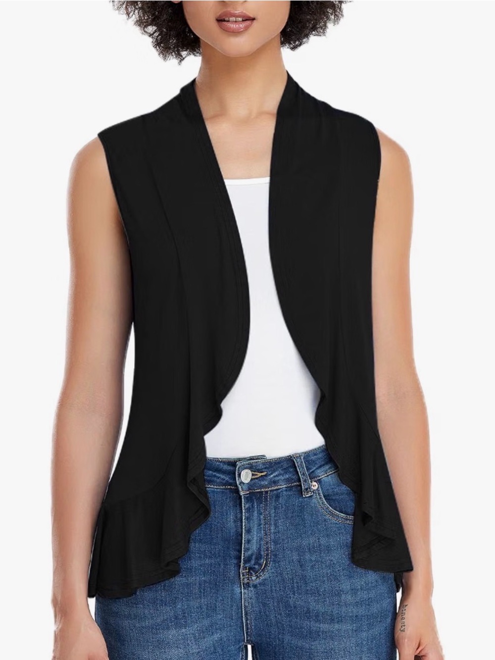 Women’s lightweight open front ruffled hem vest. New with tags.